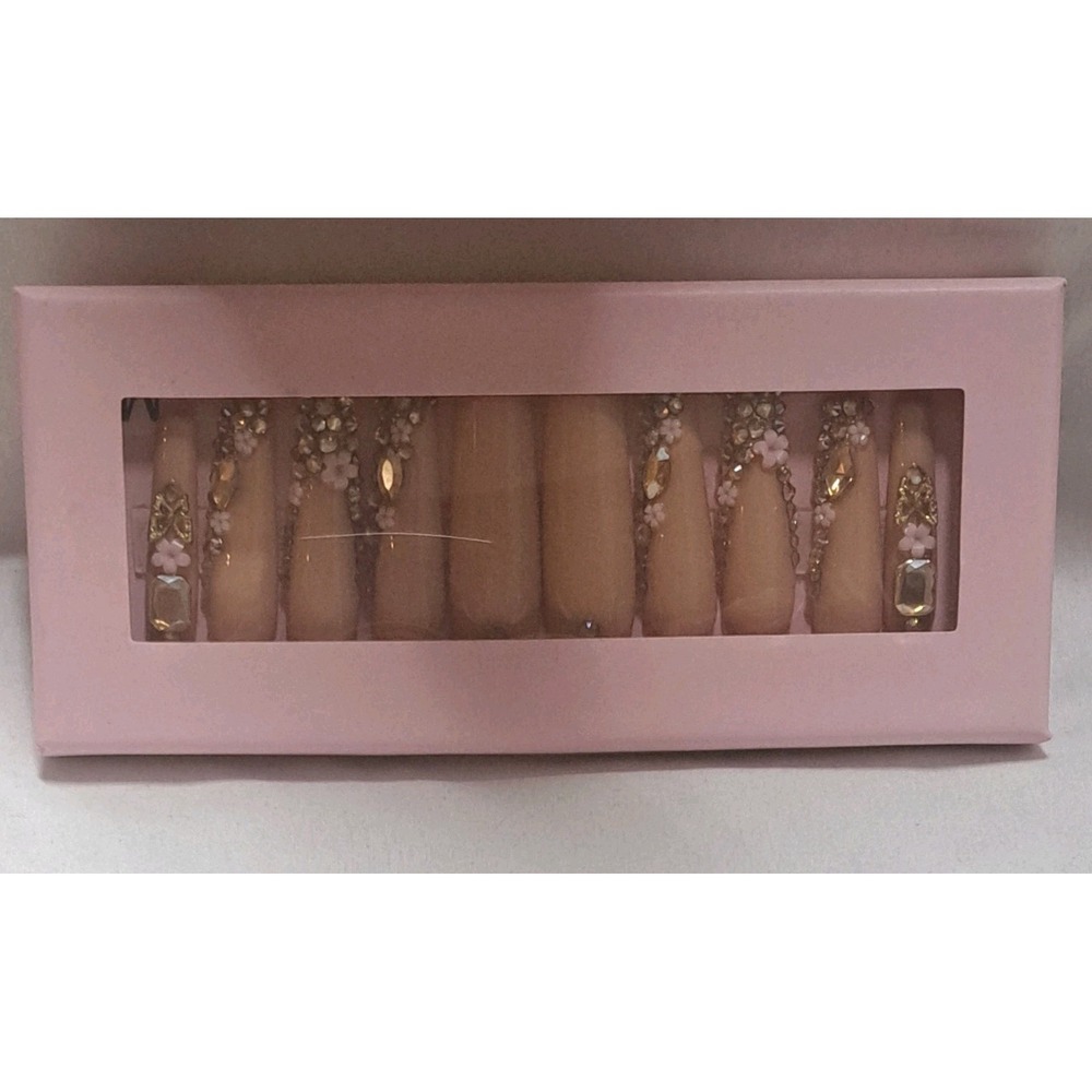 Handmade Medium Tapered Square Press On Nails Nude Rhinestone Floral Acrylic Set